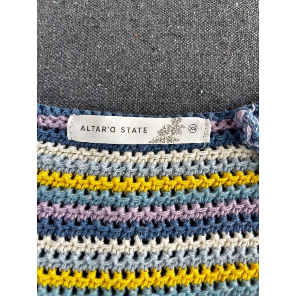 Altar'd State XS Striped Crochet Knit Cropped Sweater Square Neck Blue Yellow - Picture 2 of 7